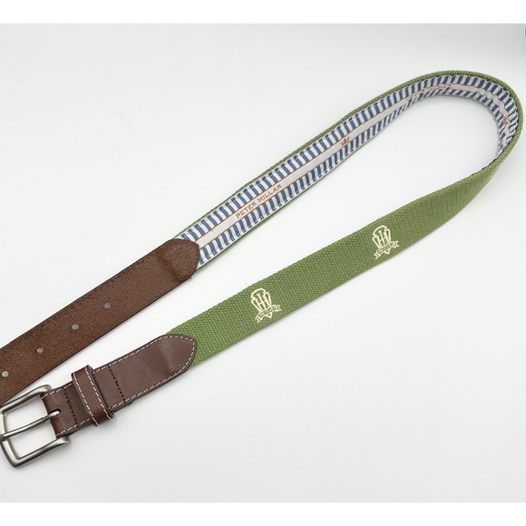 Peter Millar Belt Mens 34 Green Webbing Leather Brass Buckle Golf Crest Classic